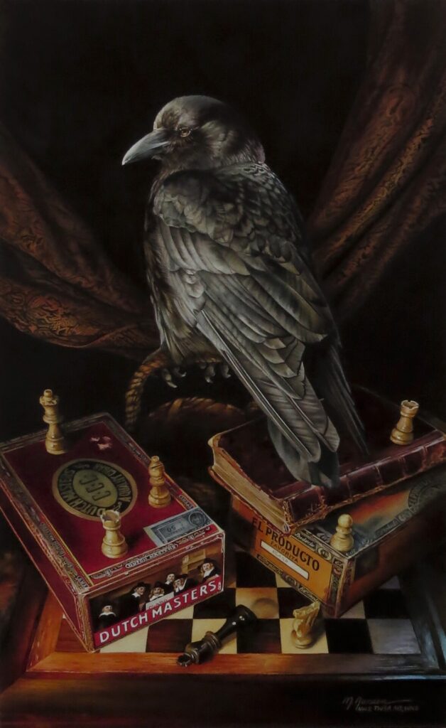 "The Master" by Mary Jansen is a watercolor painting that depicts a raven standing on top of an old book, game boxes, chess pieces, and chess board.